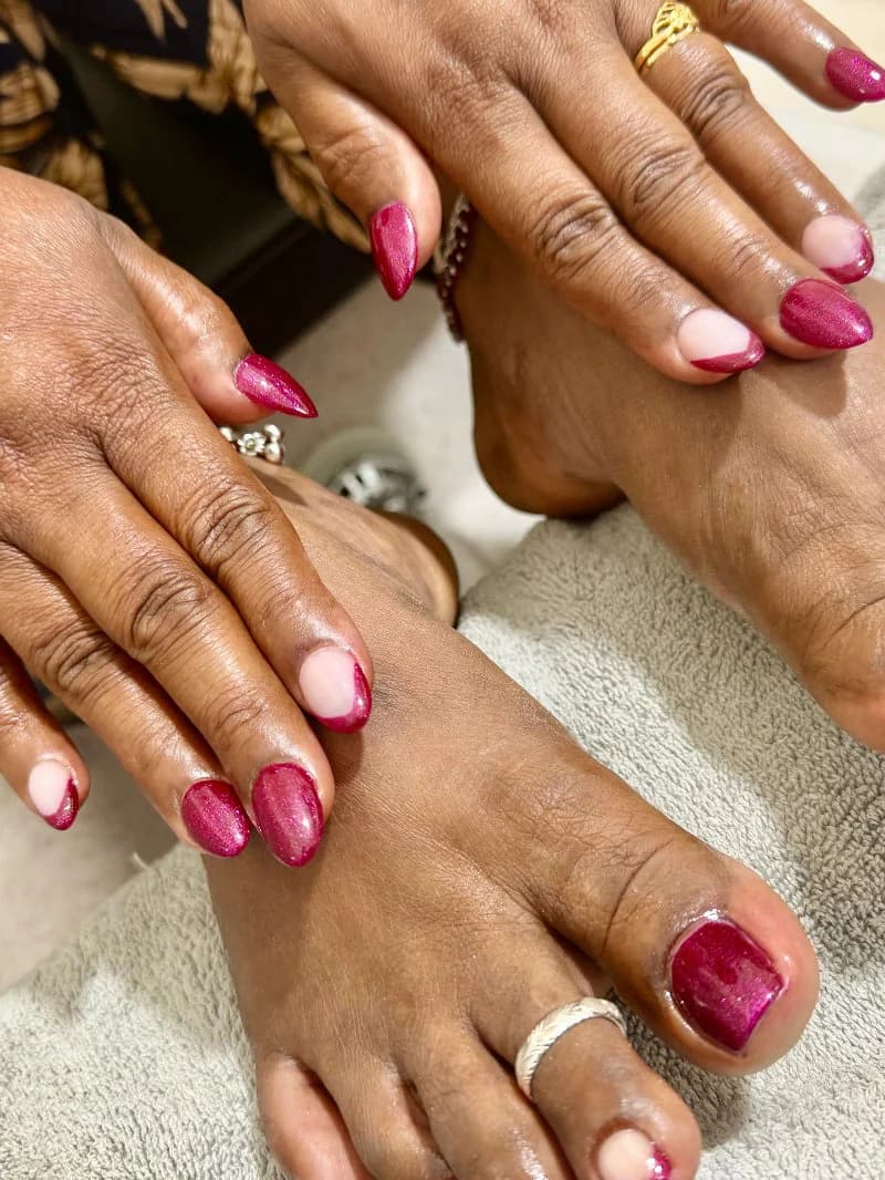 Magenta French-style manicure with a matching pedicure