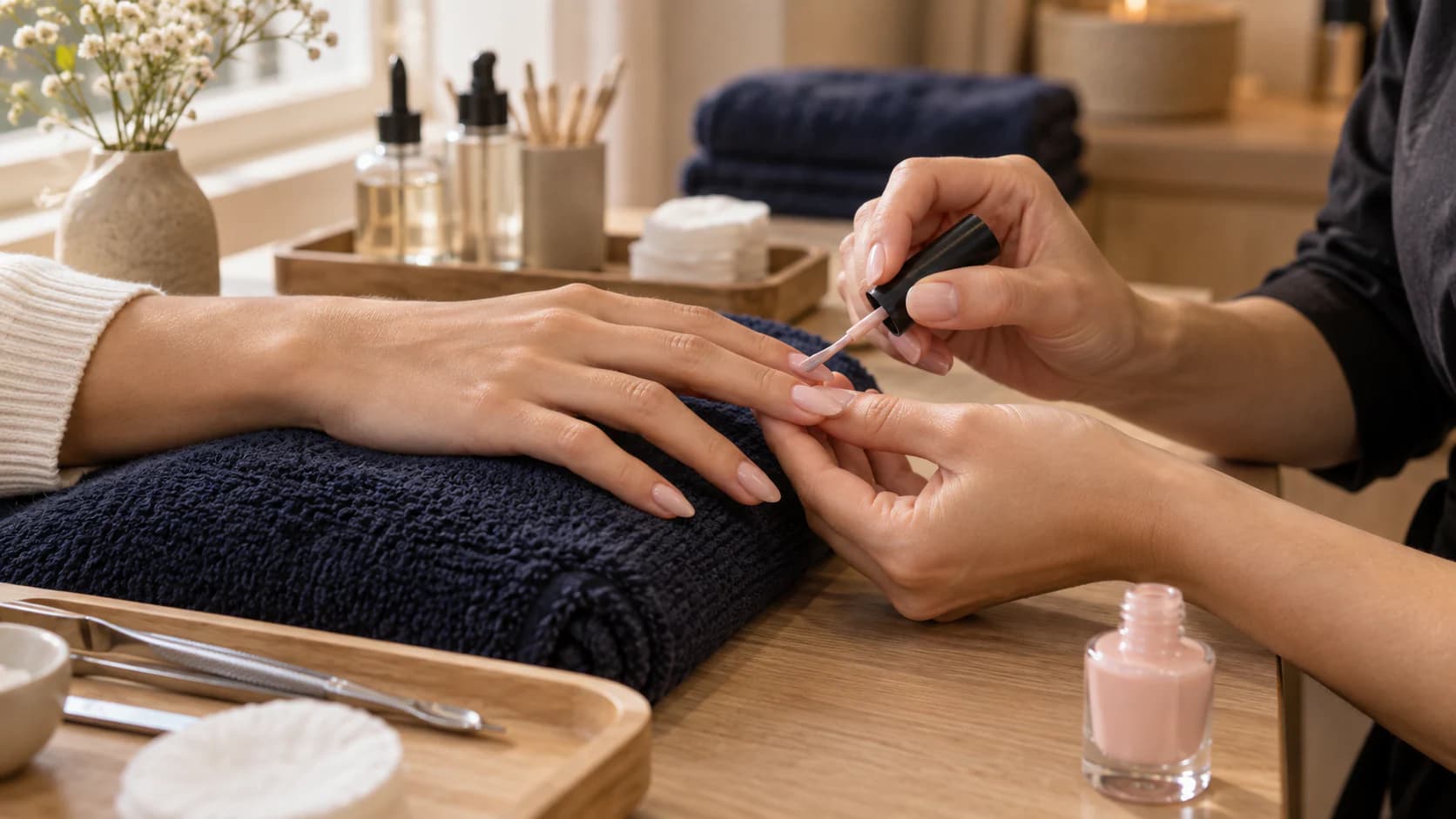 A therapist working carefully on a client’s manicure, with only hands visible