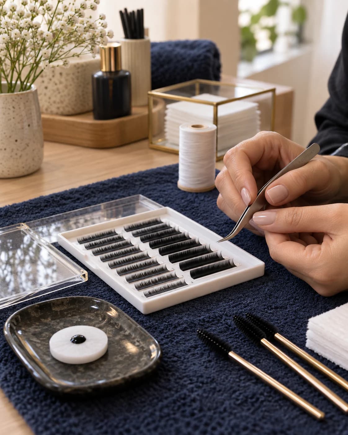 Hands preparing precision tweezers and a professional lash tray