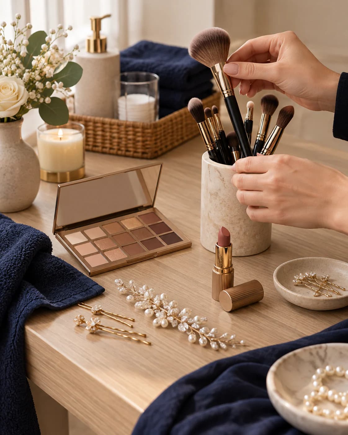 Hands selecting a makeup brush beside a palette and bridal accessories