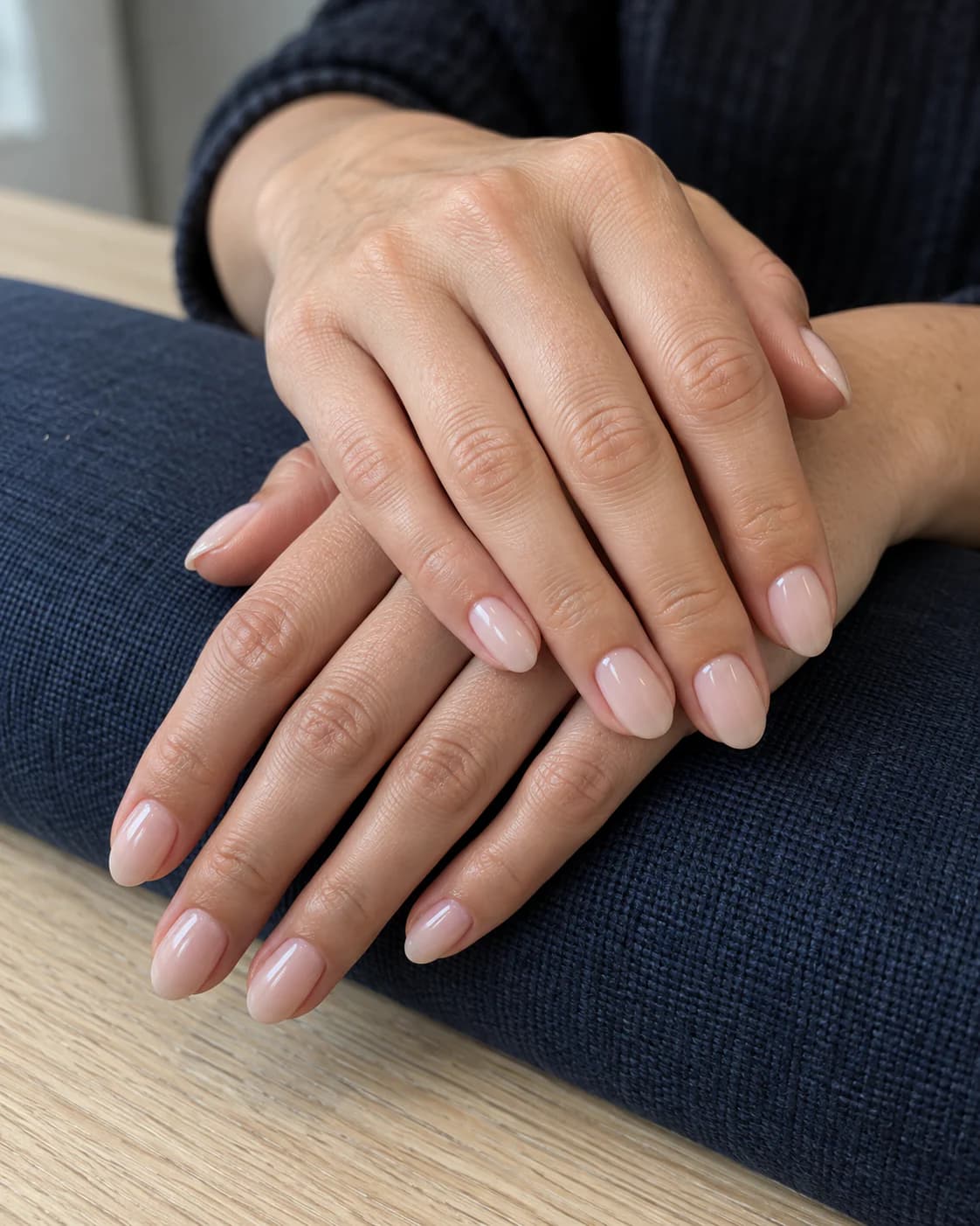 Short almond BIAB nails finished in translucent milky blush