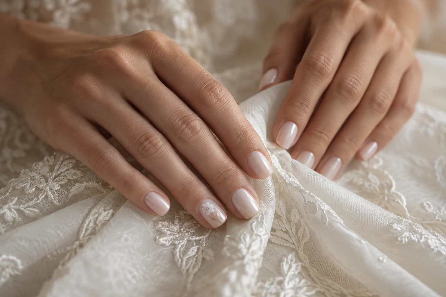 Pearl-glaze bridal nails with a delicate hand-painted flower