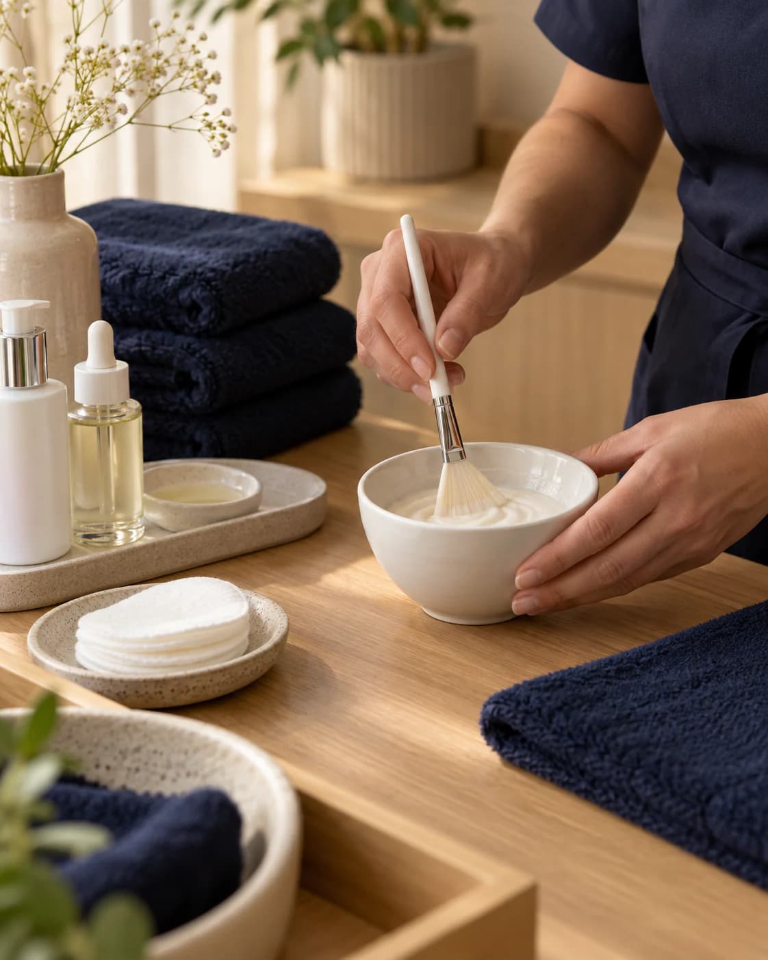 Hands preparing facial cream with a clean fan brush