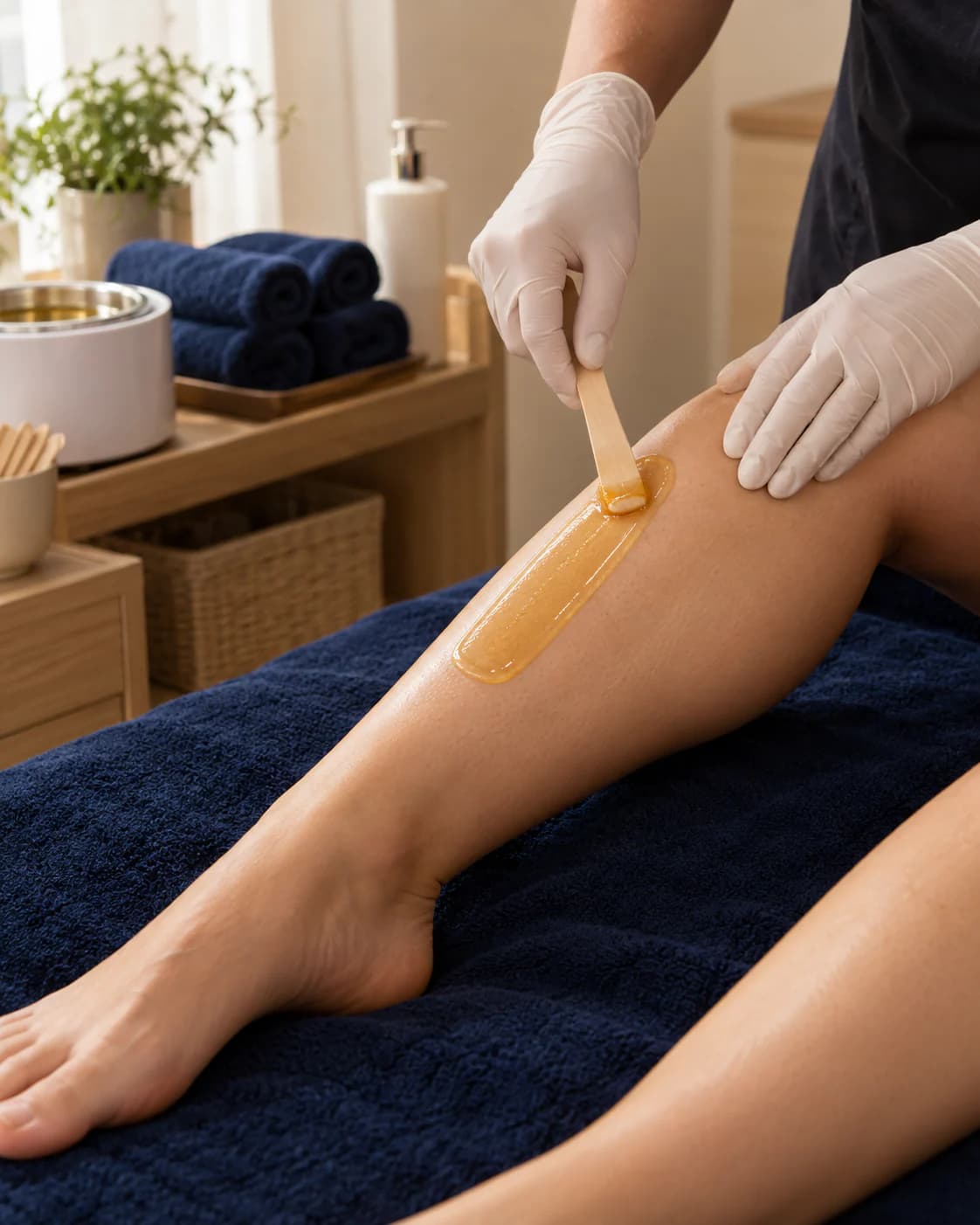 Gloved hands applying warm wax to a lower leg